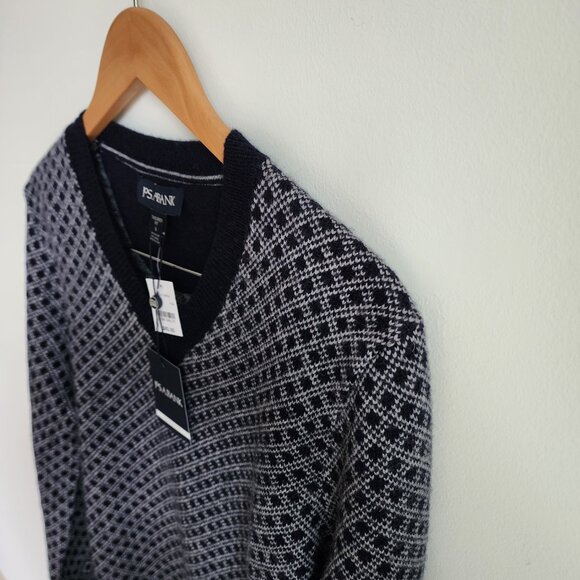 S Sweater Blue New Jos A Bank Small V Neck Nwt Winter Wool Blend Navy Diamond Sz - Picture 16 of 17